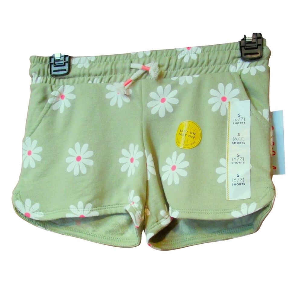 Cat & Jack Girls Daisy Print Shorts Size Small (6/7) Olive Green Soft Cotton